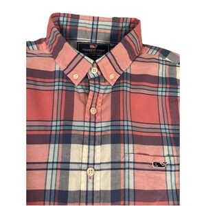 Vineyard Vines Slim Fit Tucker Shirt Men M Pink‎ Blue White Plaid Long Sleeve